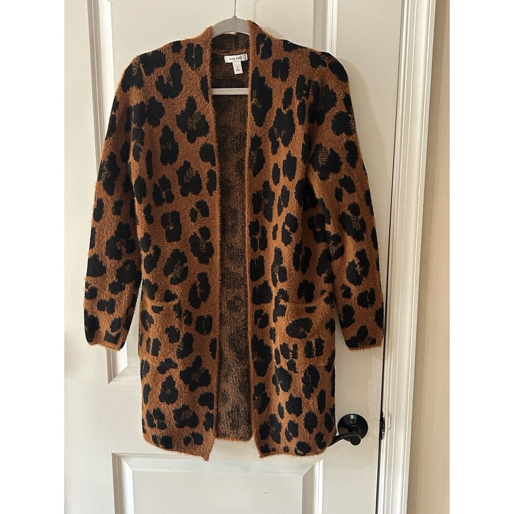 Nine West Leopard Print Duster Cardigan Size Small Womens Cardicoat Sweater
